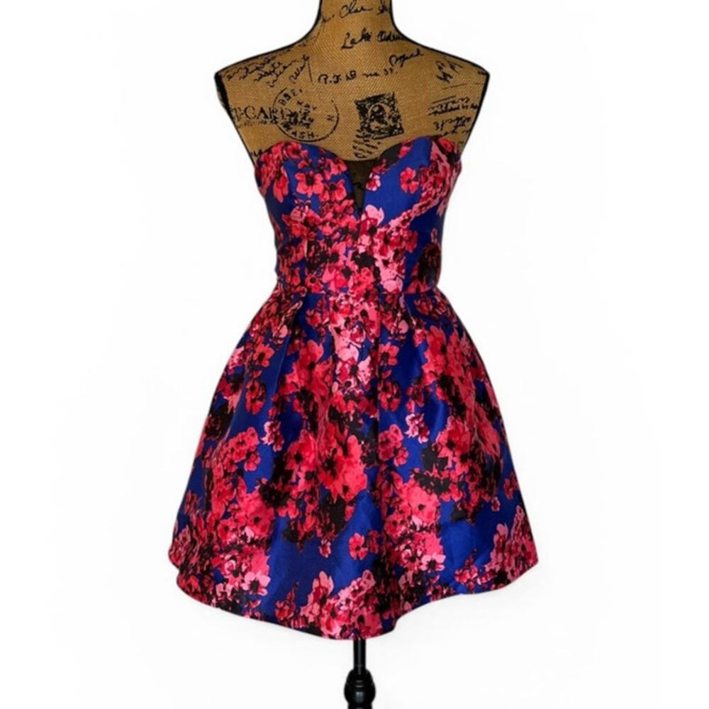 B. Darlin Blue Pink Floral Strapless Fit & Flare Mini Dress SZ 5/6